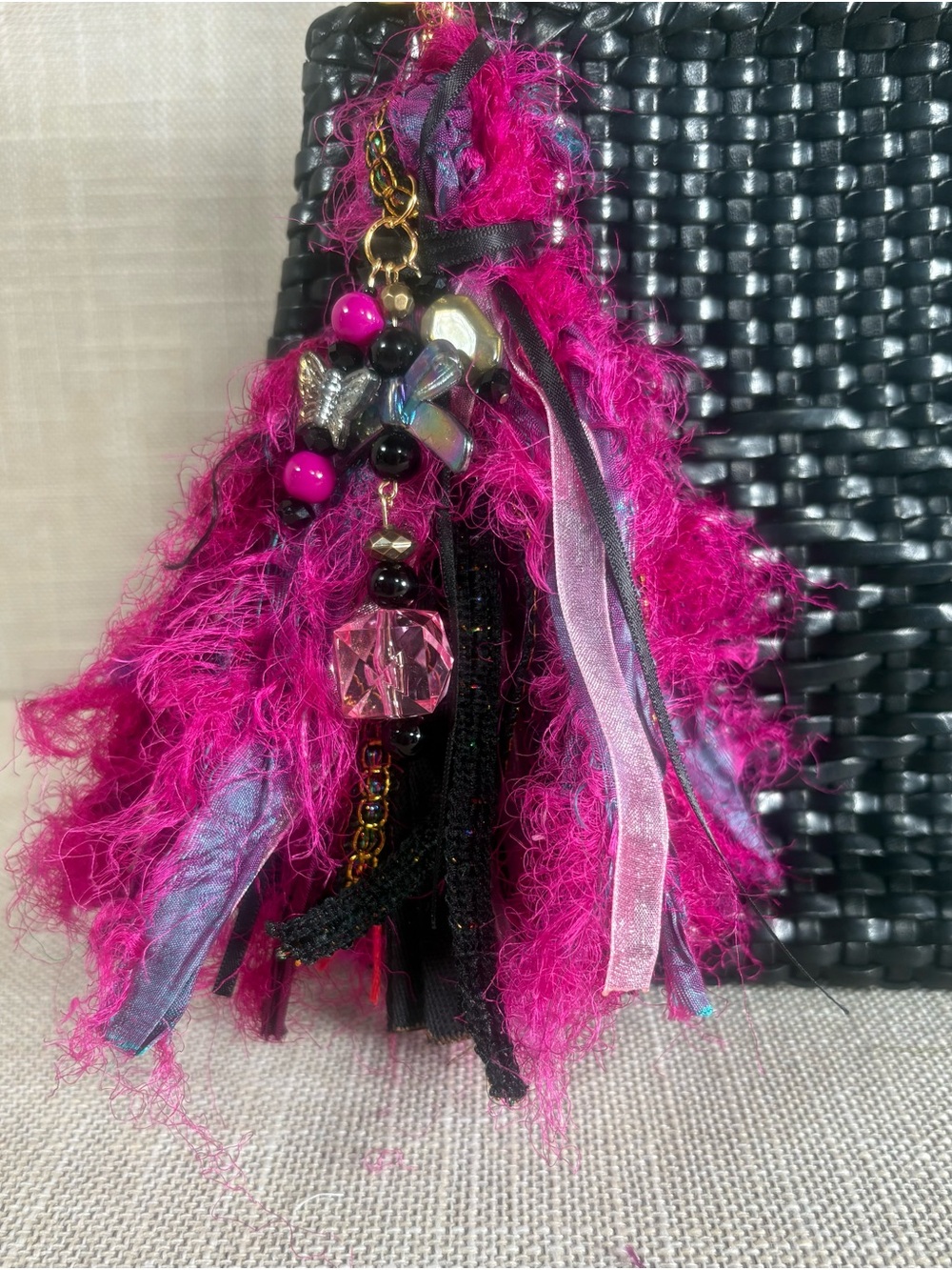 Hand Crafted Fuchsia Pink Tassel Keychain/Bag Charm with Gold Accents - Picture 12 of 12